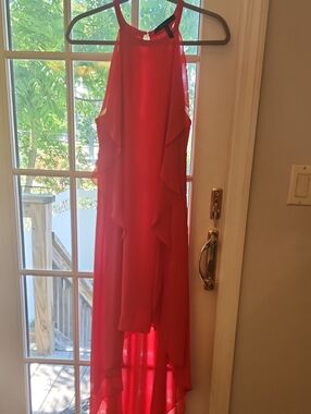 Red High-Low Ruffle Halter Dress